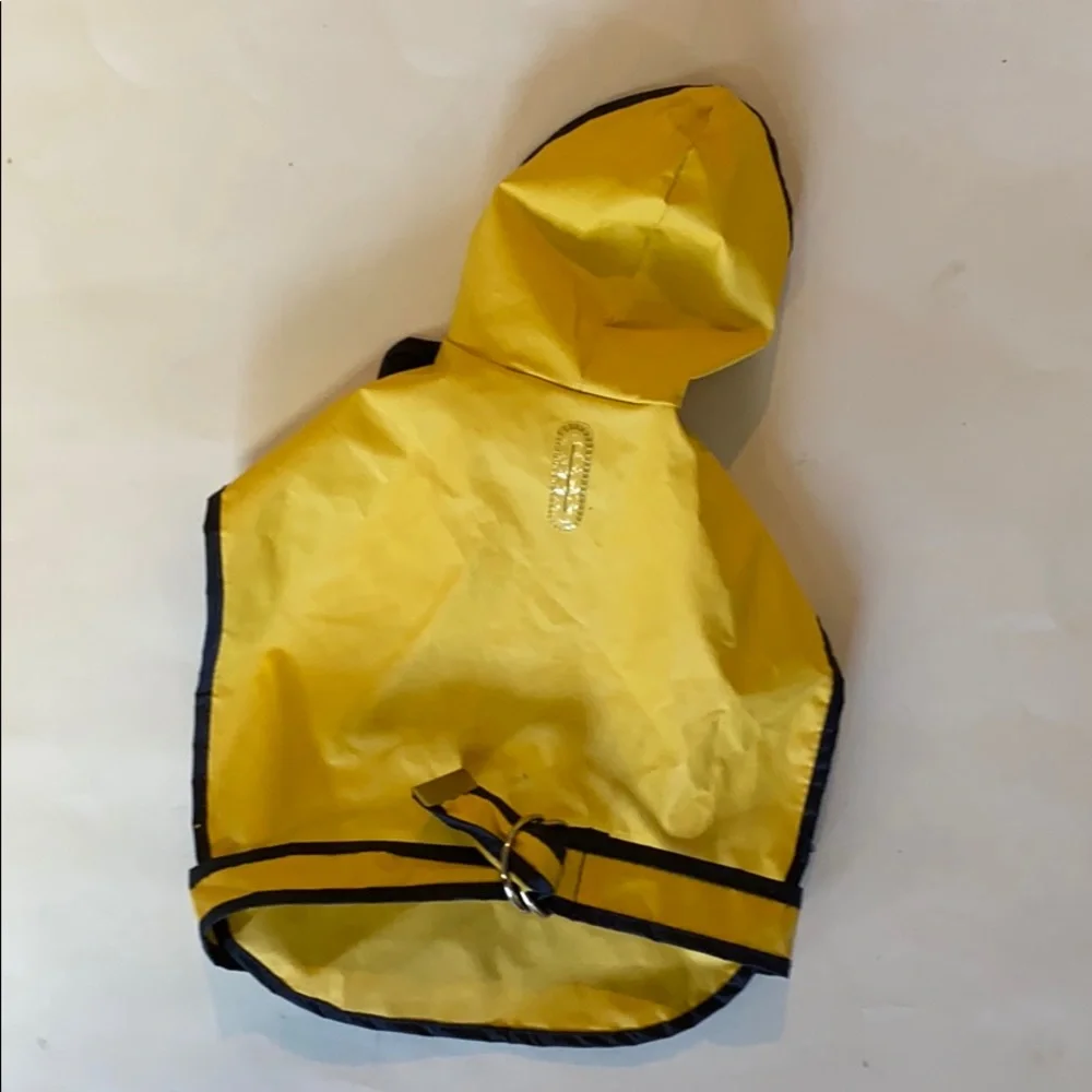 DOGGIDUDS Yellow Hooded Belted Rain Coat Slicker Navy Trim Dog XS / S 10